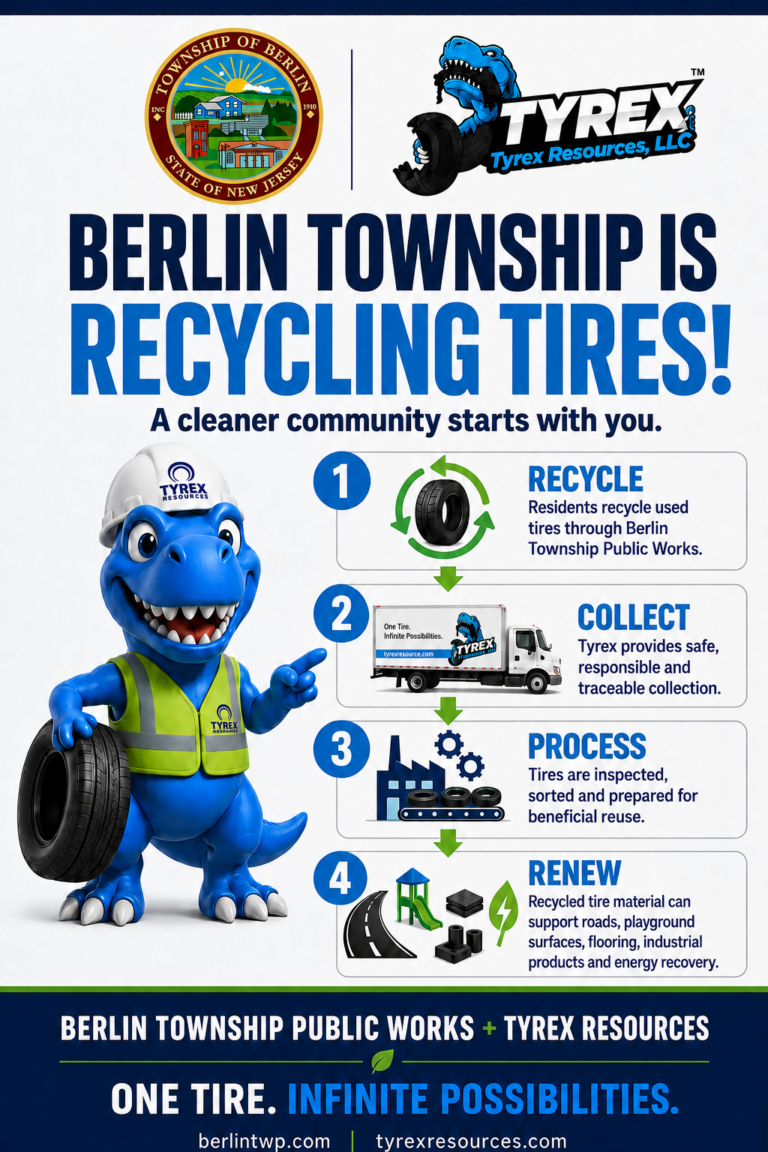 Berlin Township Recycling Tires Poster. Image with blue dinosaur showing four easy steps to recycle tires.
